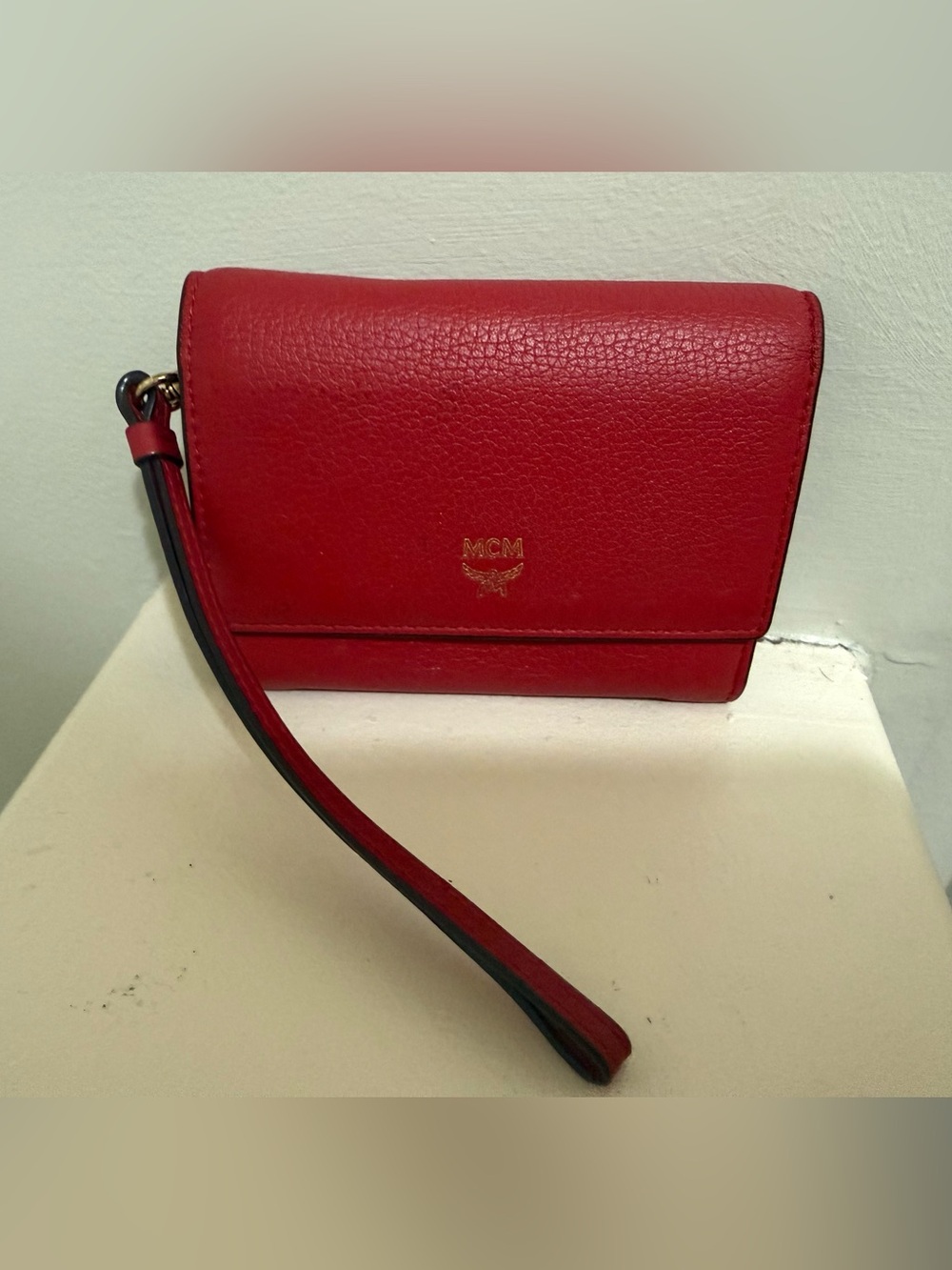 MCM Red Leather Wristlet Wallet with Gold Logo